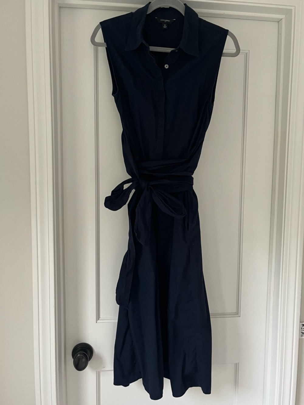 Banana Republic Factory Cotton Sleeveless Navy Midi Shirt Dress with Waist Tie